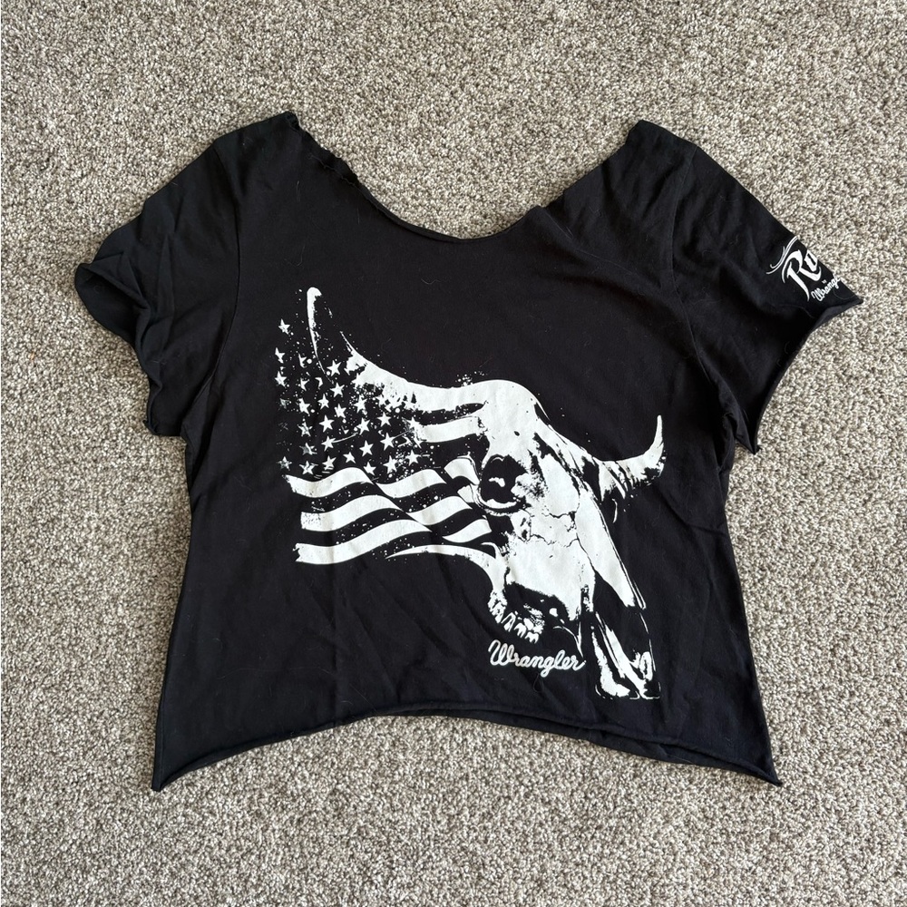 Wrangler Black Crop Top with White Skull & Flag Graphic